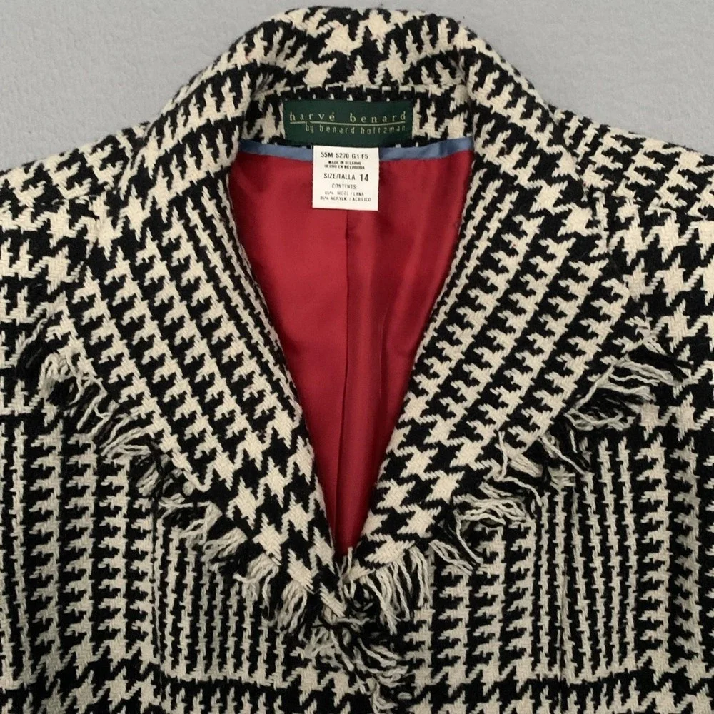 VTG Harve Benard Black White Houndstooth Coat Fringe Front Wool Holiday Money 14 - Picture 9 of 13